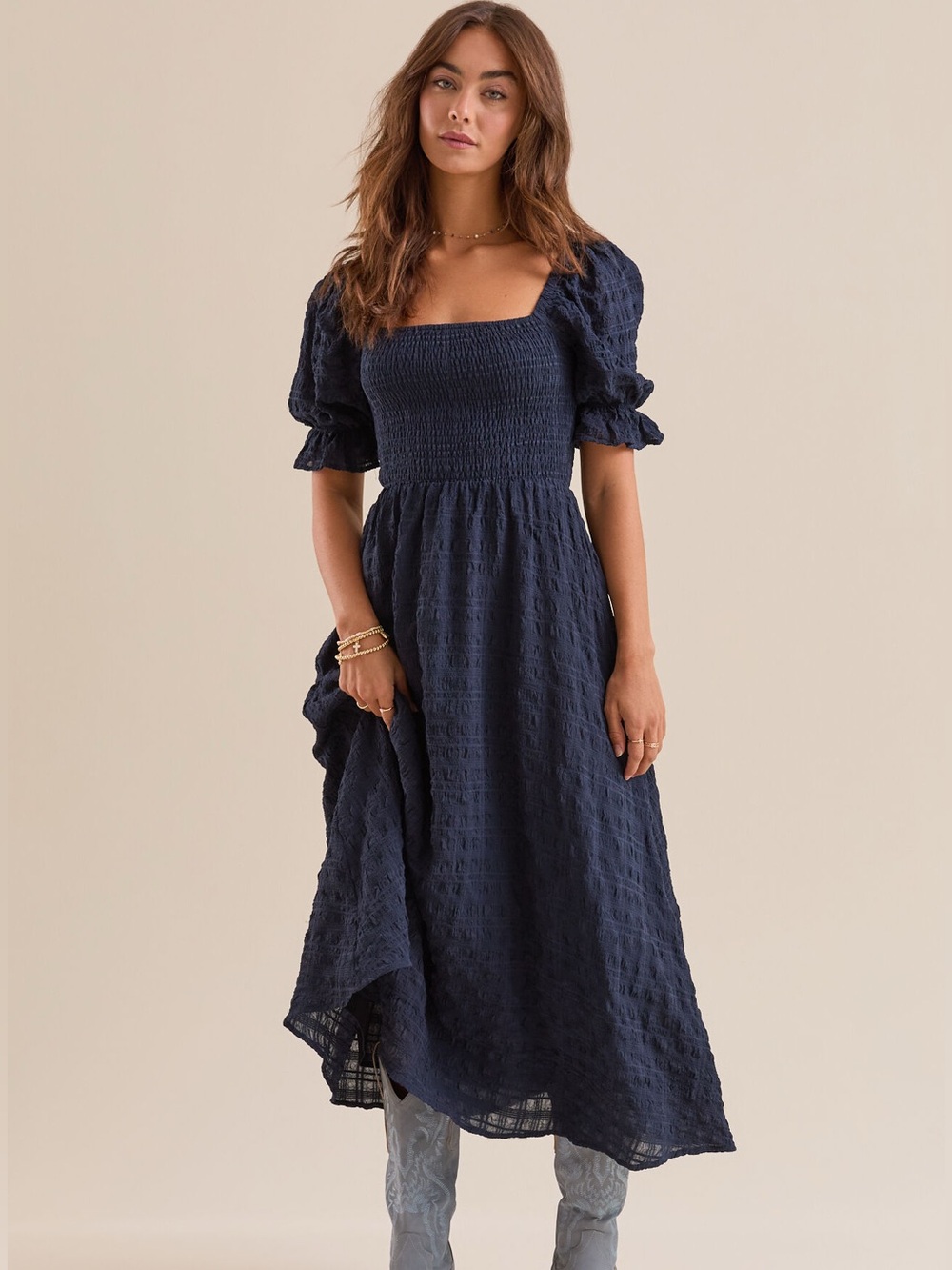 Altar’d State Navy Textured Puff Sleeve Midi Dress NWT Size Medium